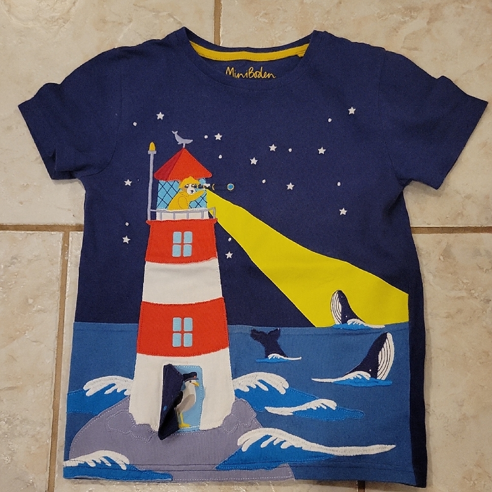 Mini Boden Nautical Blue Tee with Lighthouse Design